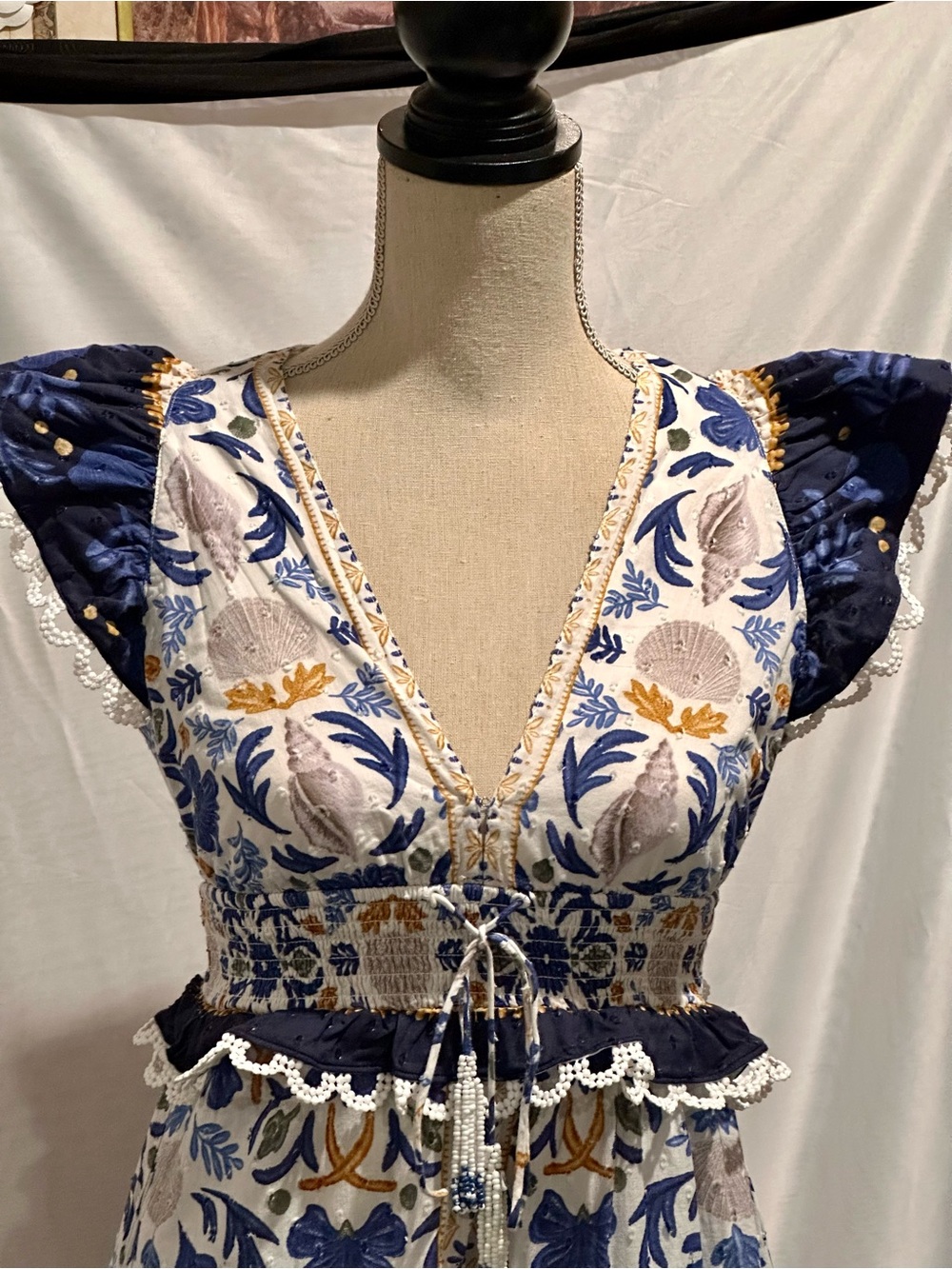 Blue & White Floral Maxi Dress with Ruffle Waist - Picture 3 of 5